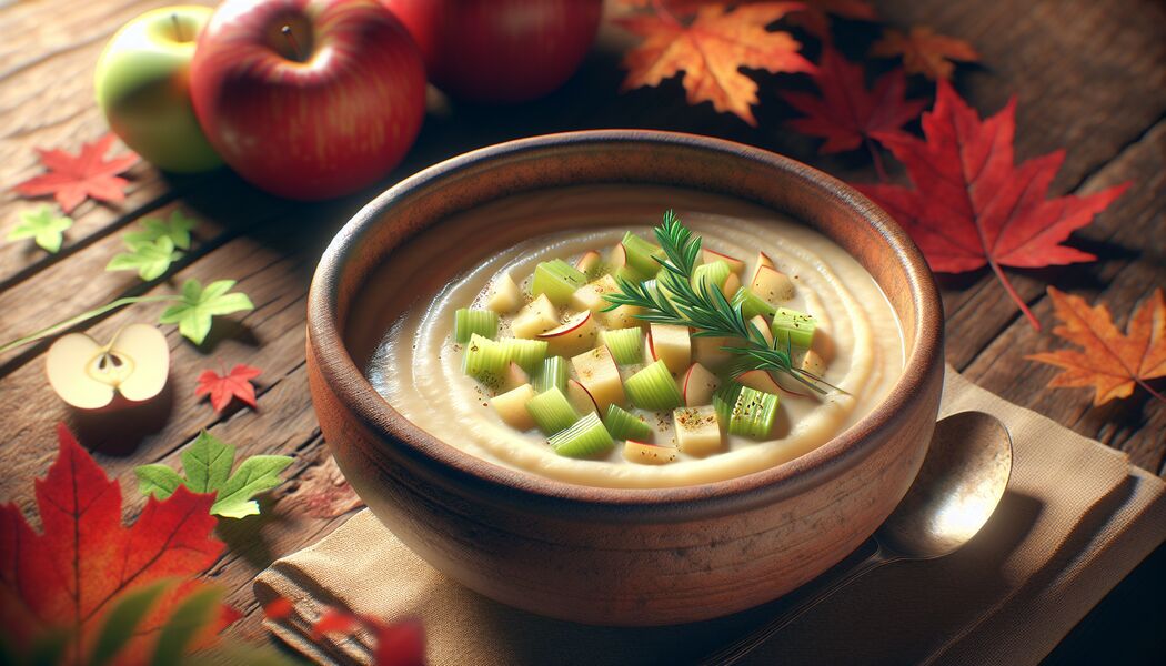 Servieren: Mit frischen Kräutern garnieren - Cremige Apfel Sellerie Suppe – Perfekte Herbstwahl