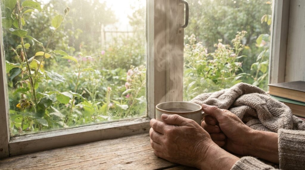 Slow Living: Entschleunigung als bewusster Lebensstil Ruhige Slow-Living-Szene mit Tee und Blick ins Grüne