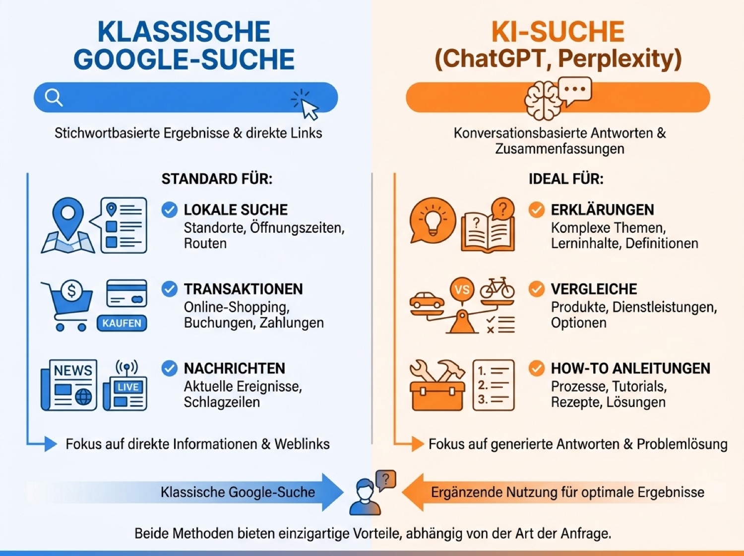 Vergleichsgrafik: Klassische Google-Suche versus KI-Suche bei Fragen, Klicks und Quellenwahl