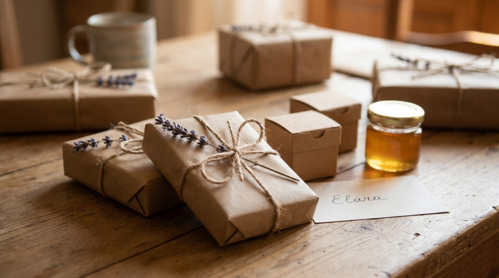 Kleine liebevoll verpackte Gastgeschenke als Aufmerksamkeit für Gäste