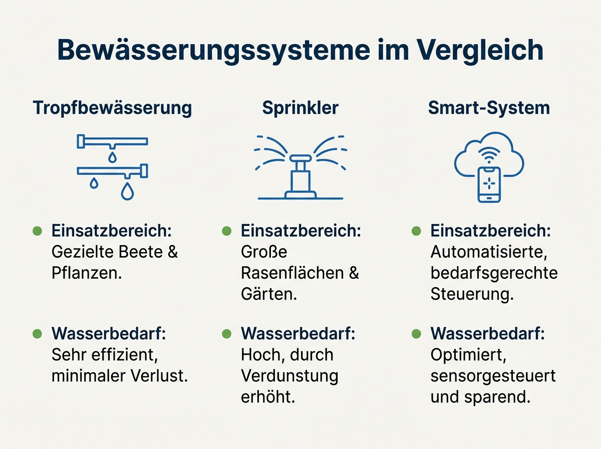 Infografik zum Vergleich von Tropfbewässerung, Sprinkler und Smart-System