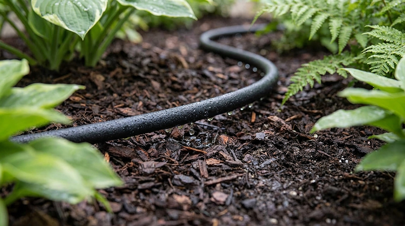Tropfschlauch mit Tropfern zwischen Stauden in einem Beet