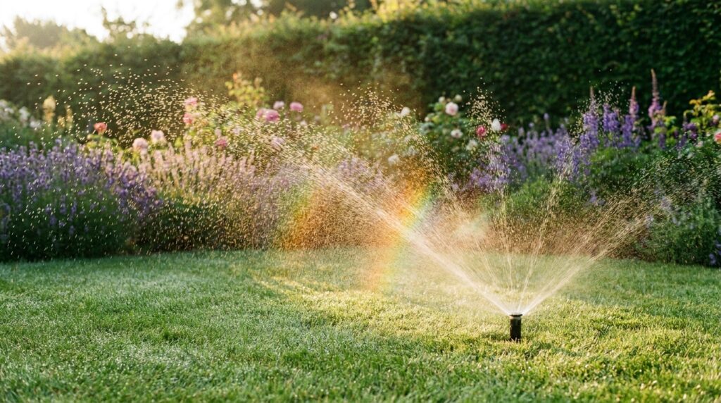 Automatische Gartenbewässerung: Versenkregner bewässert einen Rasen