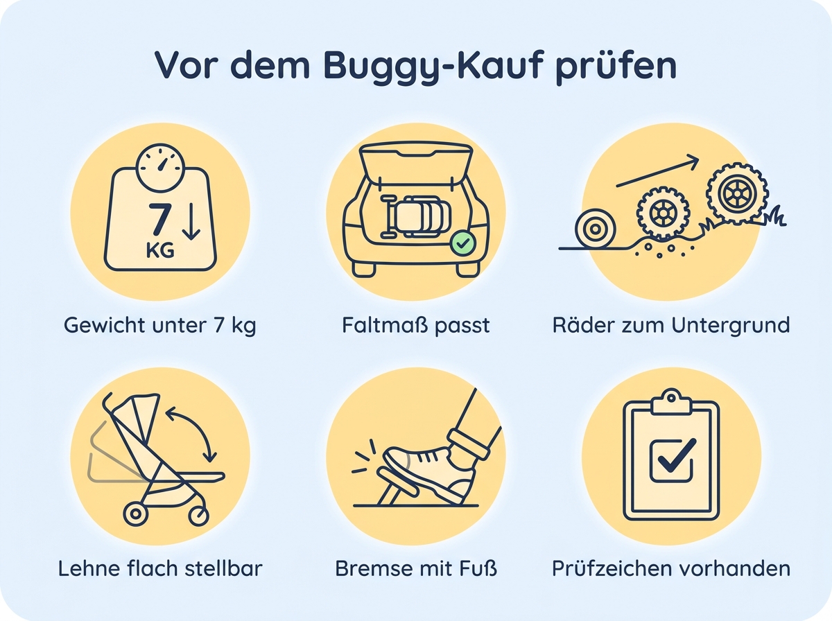 Infografik mit Checkliste für den Buggy-Kauf: Gewicht, Faltmaß, Räder, Lehne, Bremse, Prüfzeichen