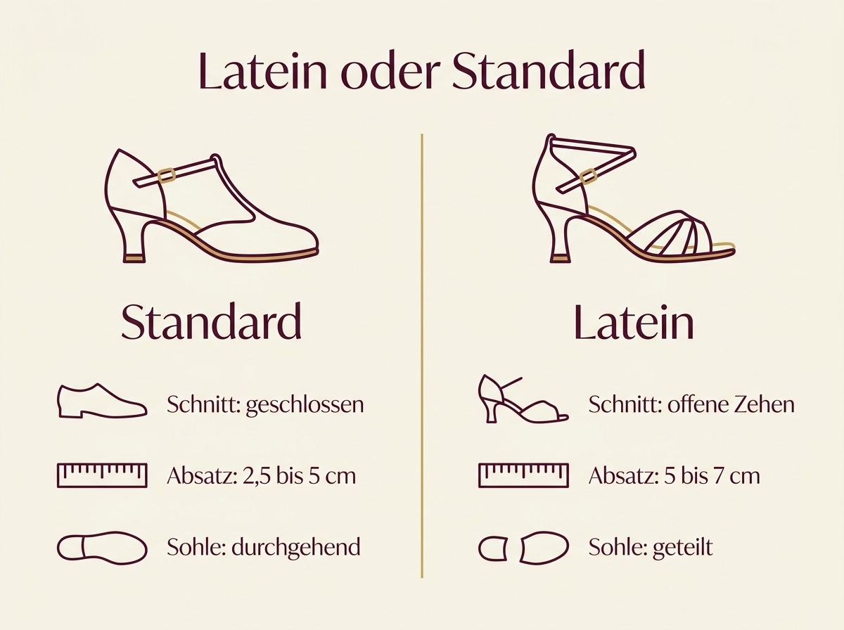 Infografik zum Vergleich von Latein- und Standardtanzschuhen für Damen mit Absatzhöhen